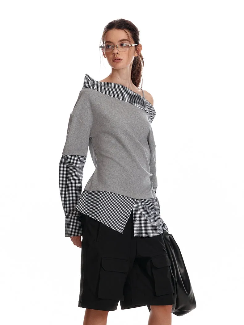 Asymmetric Off-Shoulder Checkered Hem Sweatshirt