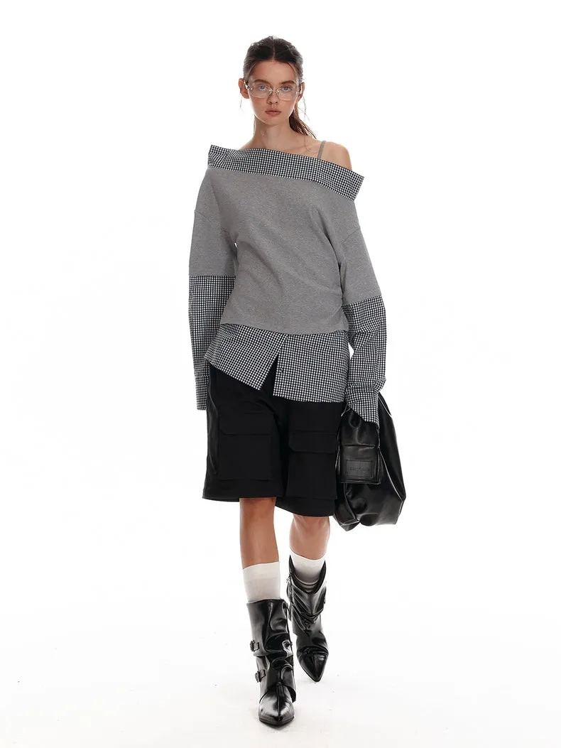 Asymmetric Off-Shoulder Checkered Hem Sweatshirt