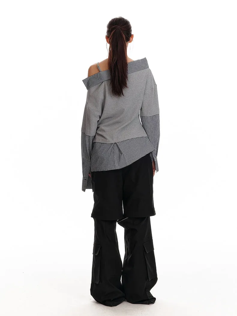 Asymmetric Off-Shoulder Checkered Hem Sweatshirt