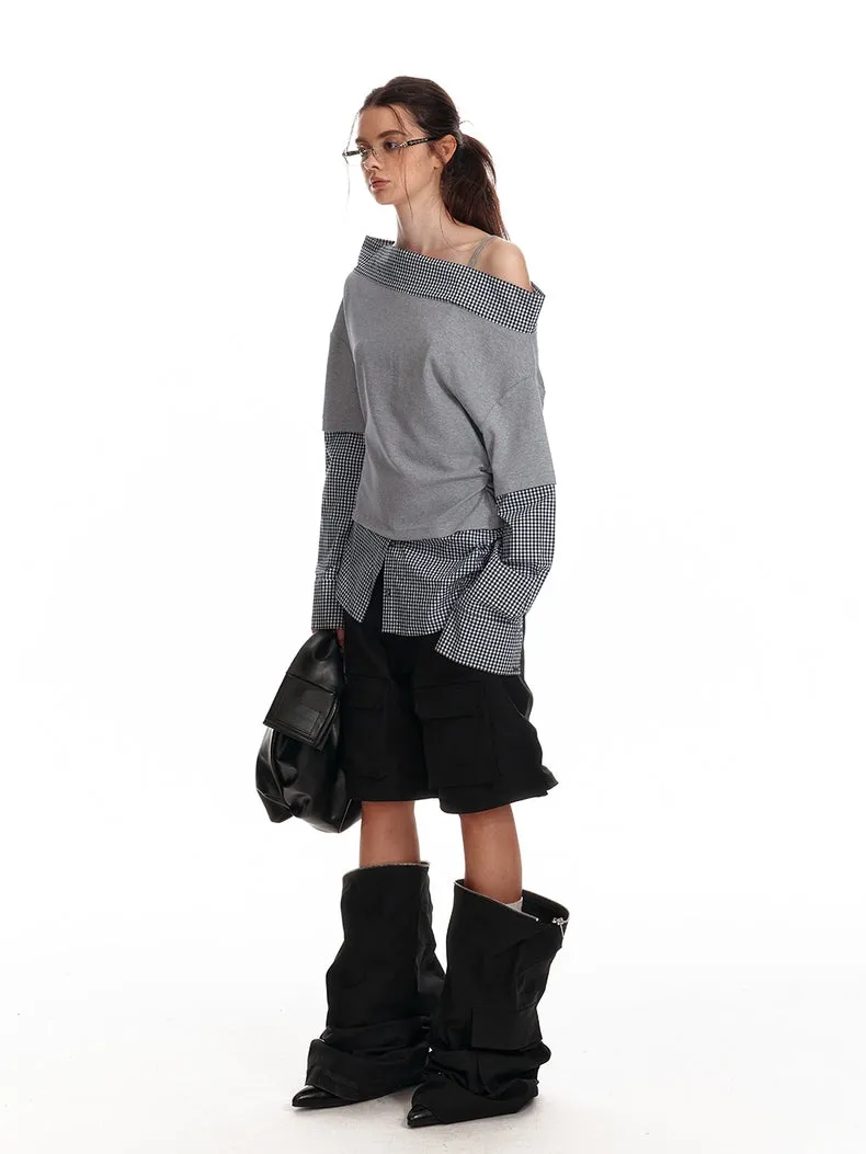 Asymmetric Off-Shoulder Checkered Hem Sweatshirt