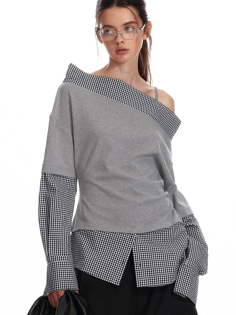 Asymmetric Off-Shoulder Checkered Hem Sweatshirt