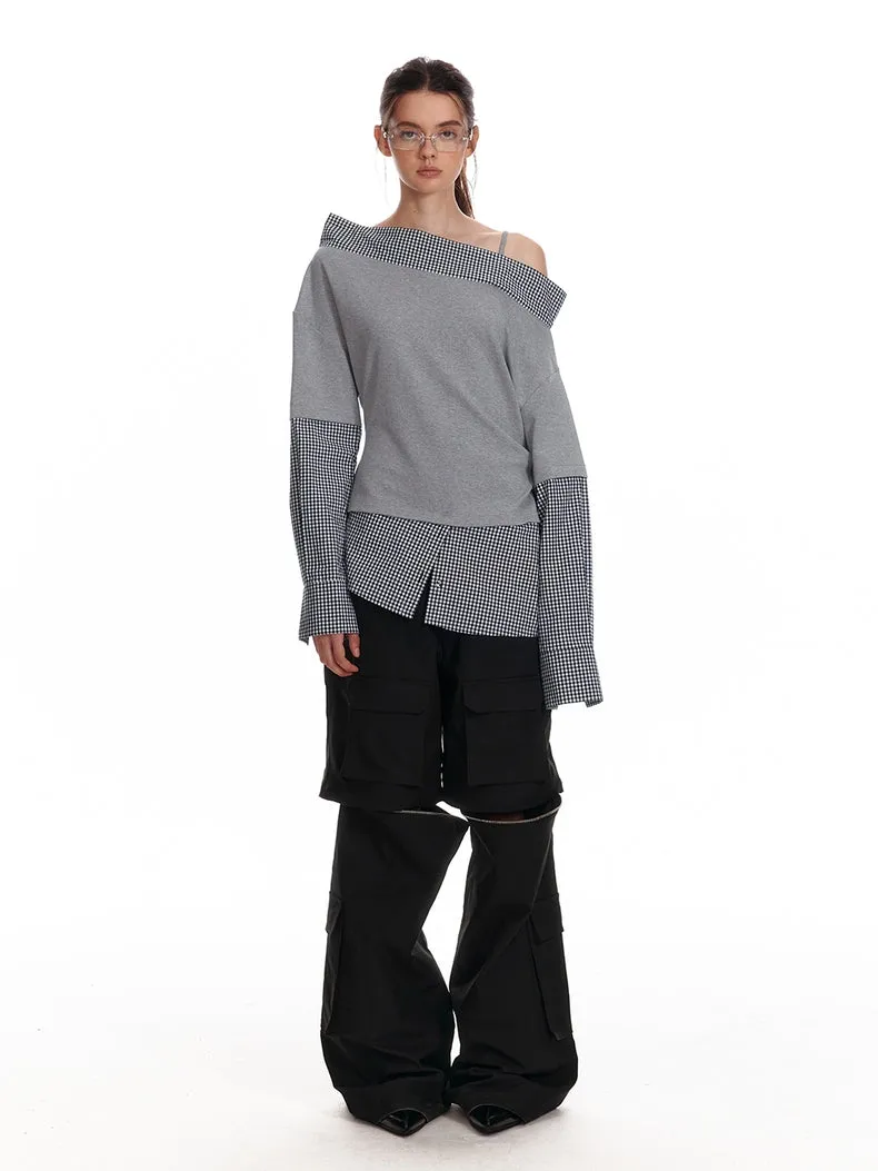 Asymmetric Off-Shoulder Checkered Hem Sweatshirt