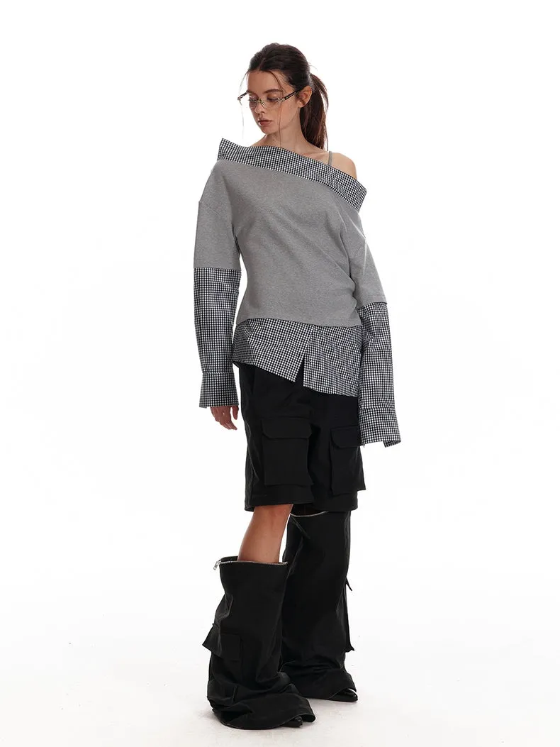 Asymmetric Off-Shoulder Checkered Hem Sweatshirt