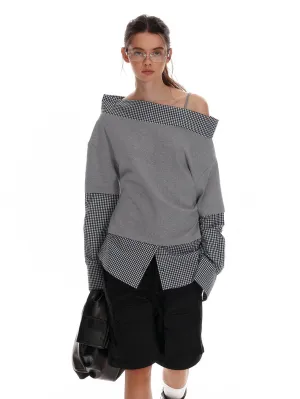Asymmetric Off-Shoulder Checkered Hem Sweatshirt