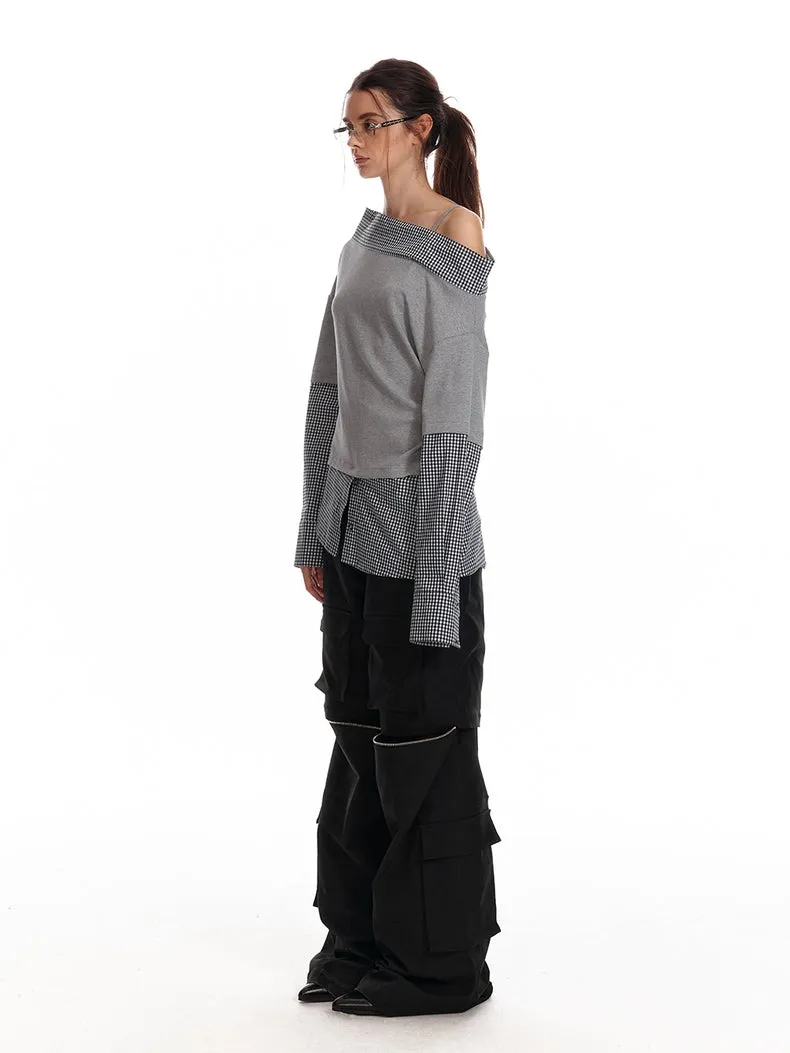 Asymmetric Off-Shoulder Checkered Hem Sweatshirt