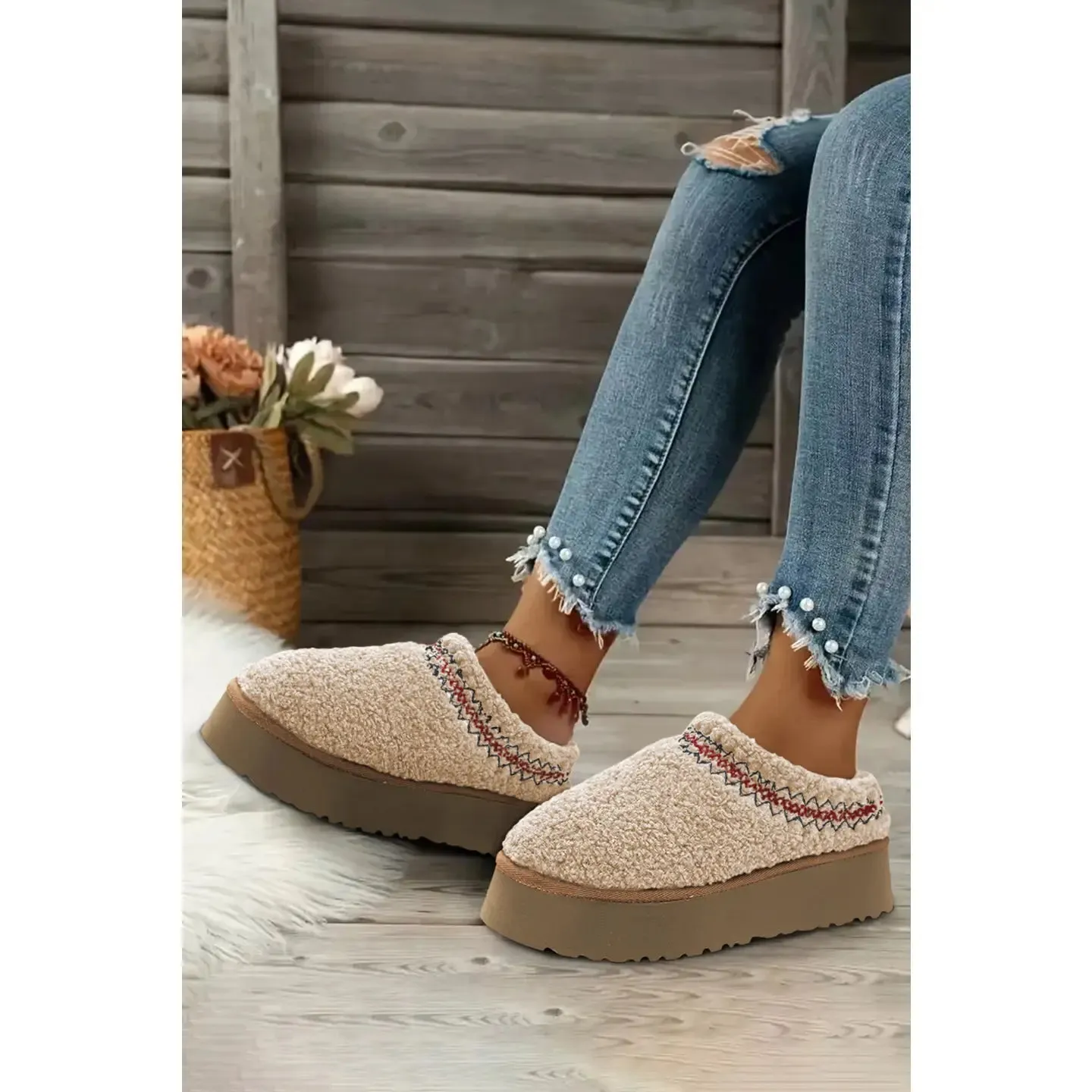 Embroidered Sherpa Plush Slippers