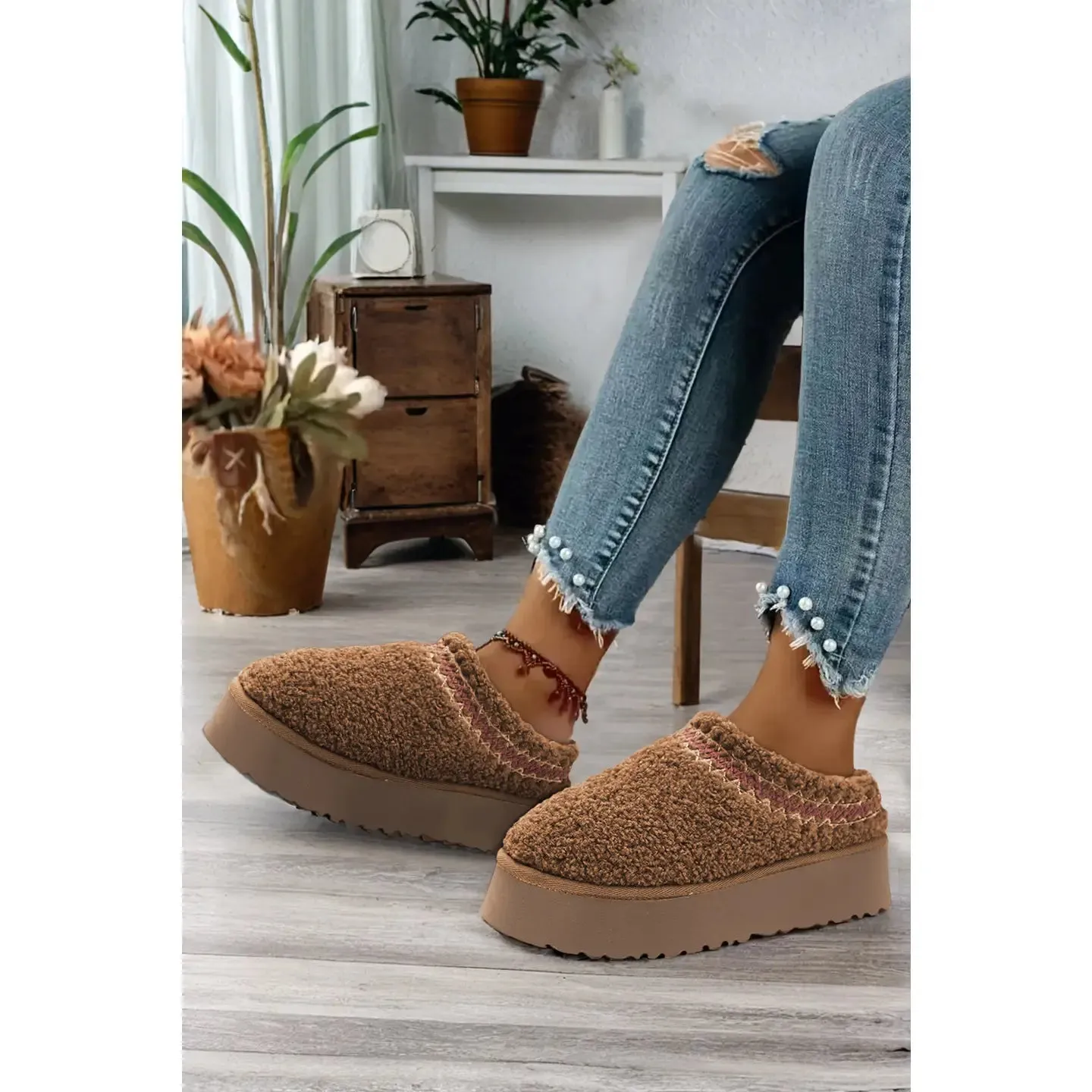 Embroidered Sherpa Plush Slippers