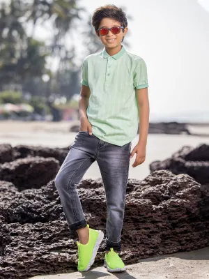 Green Striped Polo Neck T-Shirt
