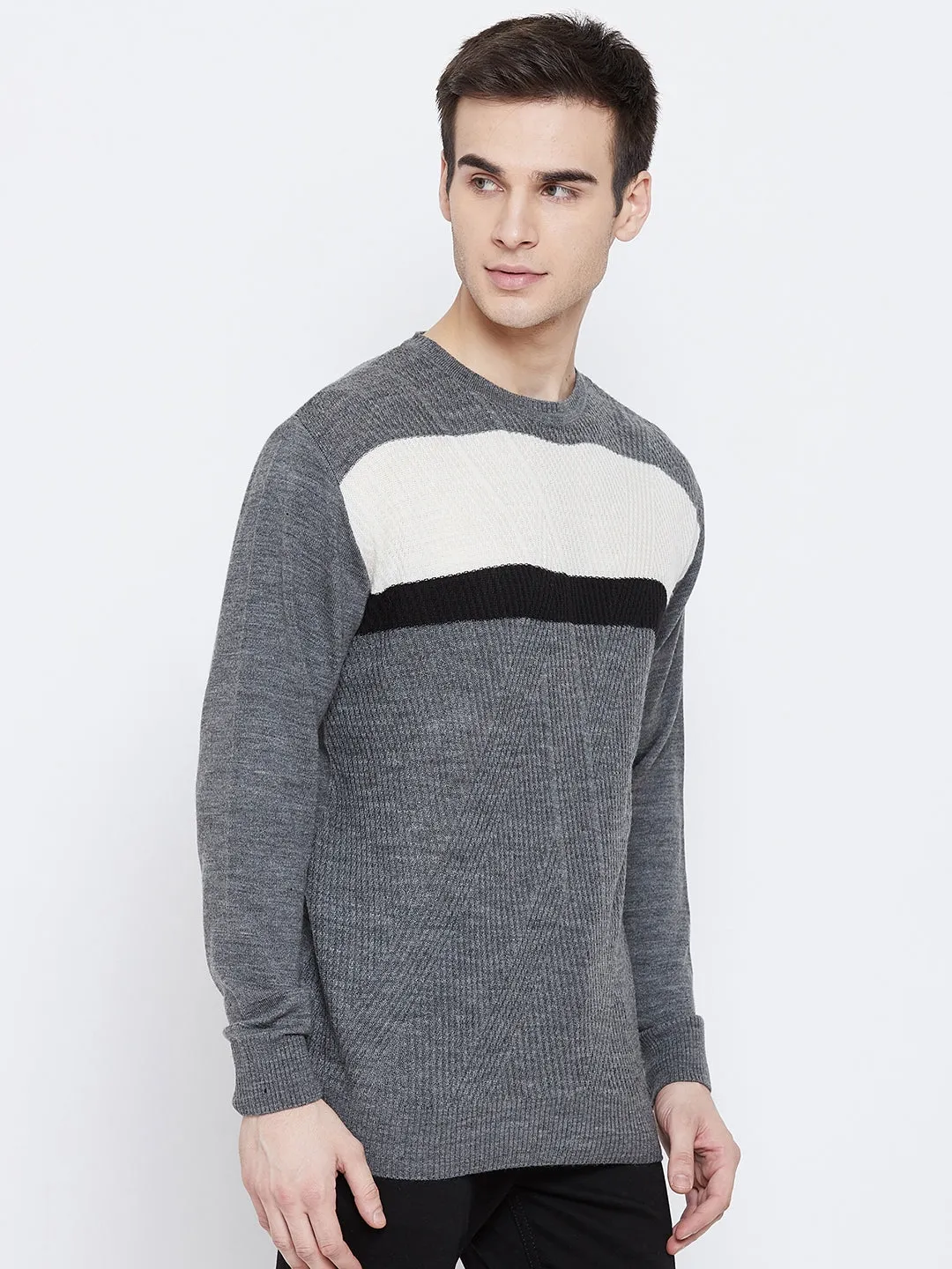 Grey Colorblocked Round Neck Sweater
