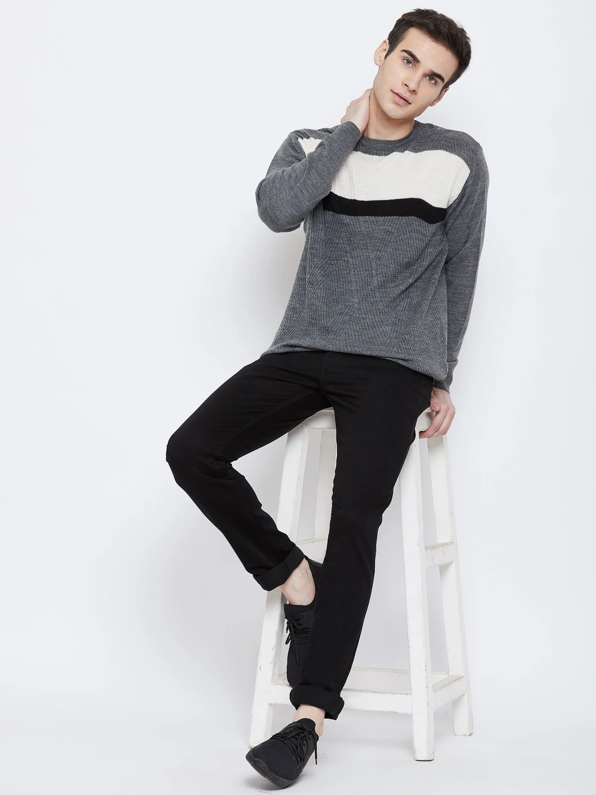 Grey Colorblocked Round Neck Sweater