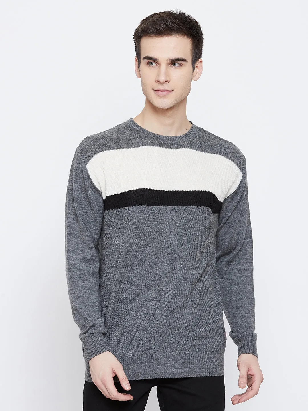 Grey Colorblocked Round Neck Sweater