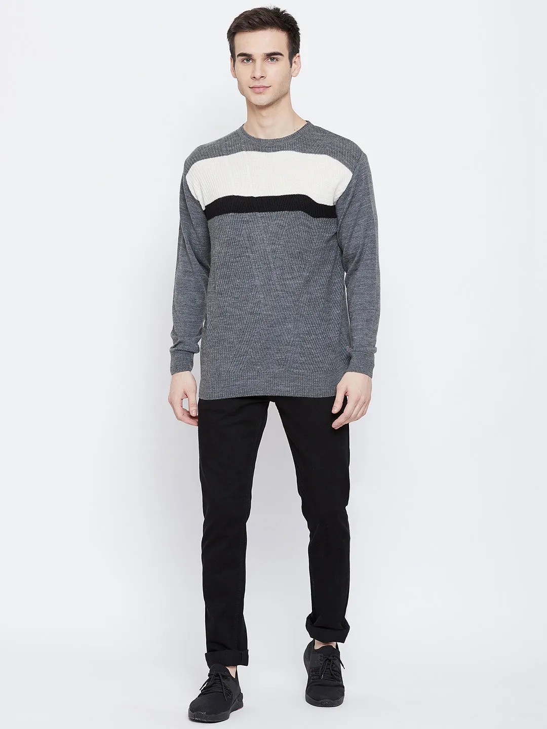 Grey Colorblocked Round Neck Sweater