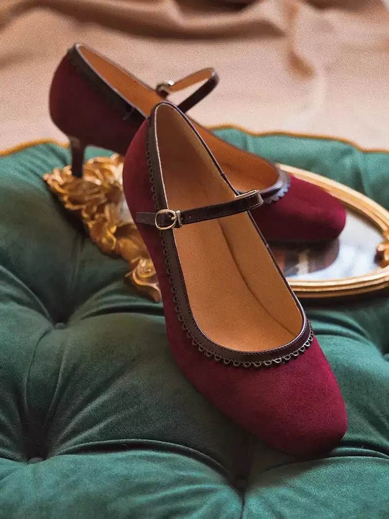 Handmade Vintage Burgundy Mary Jane Kitten Heels - Regency Style Shoes
