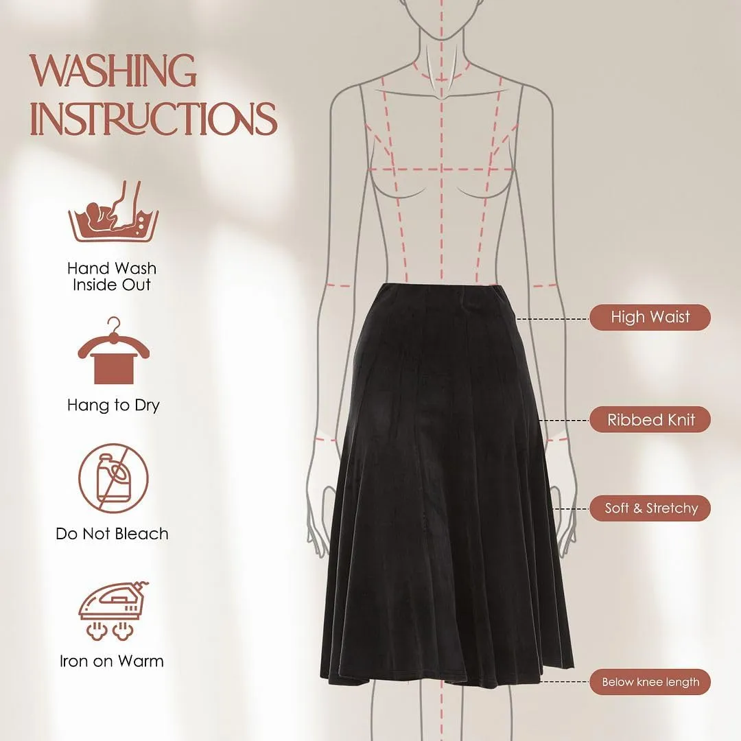 Womens Midi 27 inch Length A-Line Velour Panel Skirt- Elastic Waist Office Pleated Skirt