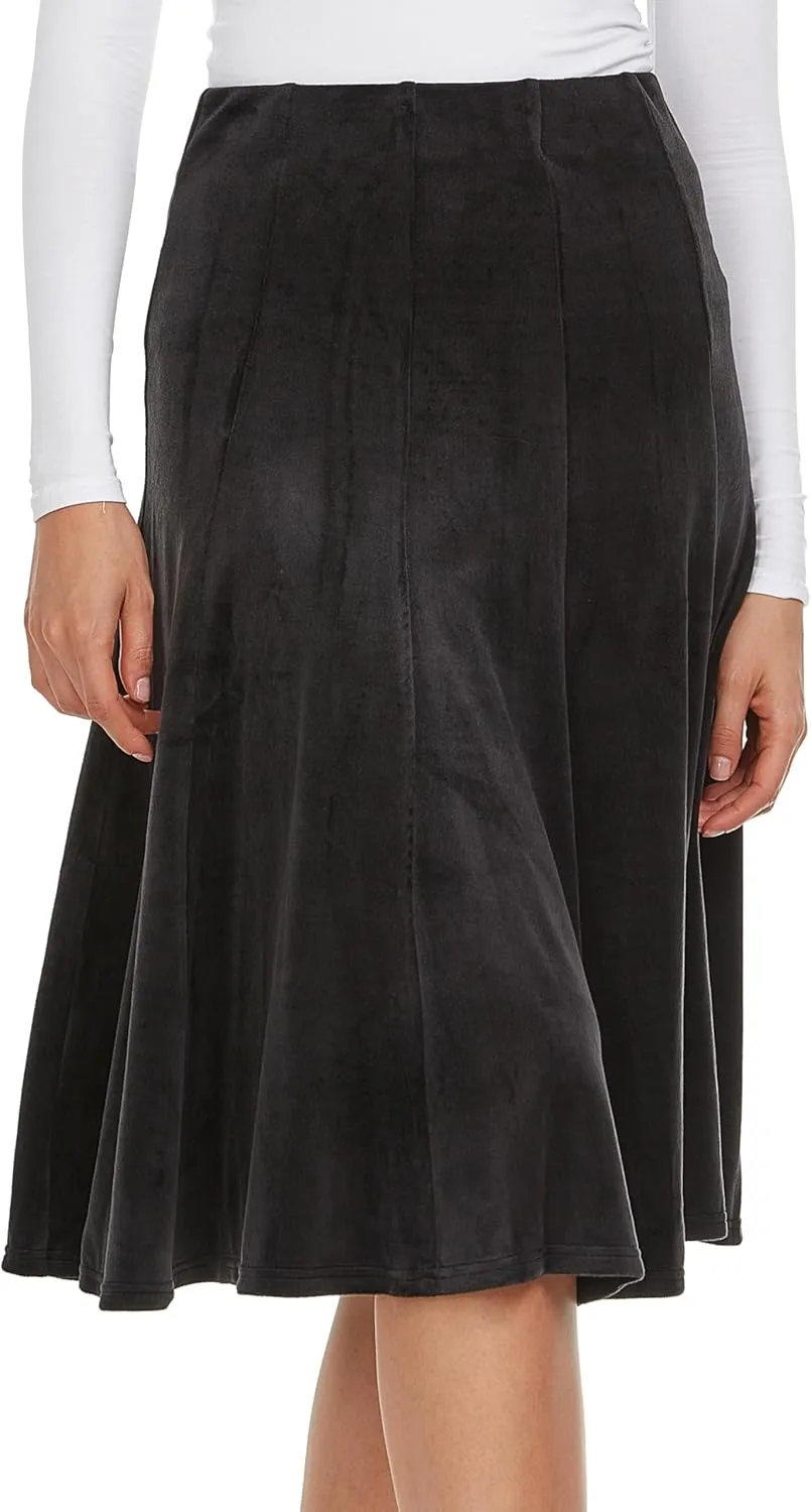 Womens Midi 27 inch Length A-Line Velour Panel Skirt- Elastic Waist Office Pleated Skirt
