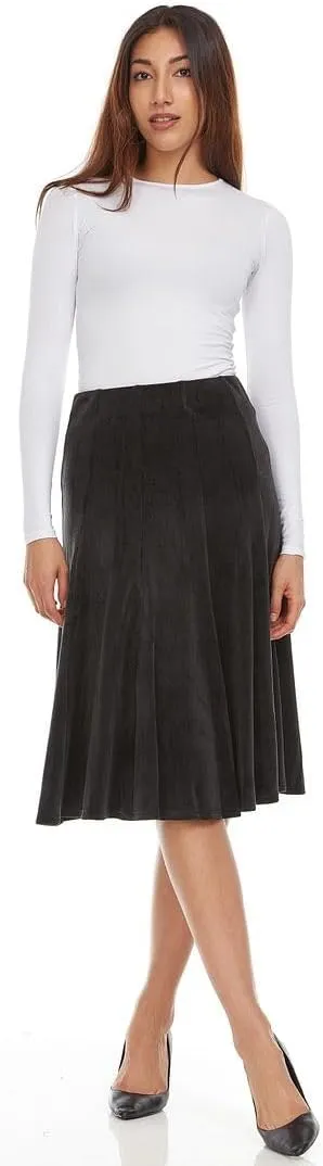 Womens Midi 27 inch Length A-Line Velour Panel Skirt- Elastic Waist Office Pleated Skirt