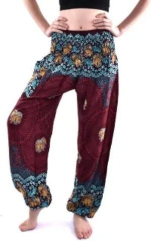 Women's Rayon Print Smocked Boho Harem Pant (Maroon & Blue Flowers)