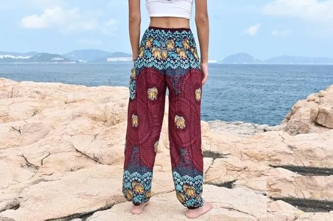 Women's Rayon Print Smocked Boho Harem Pant (Maroon & Blue Flowers)