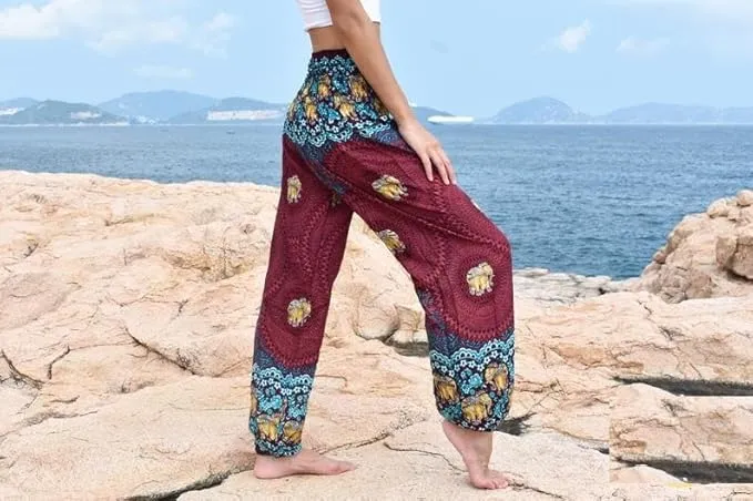 Women's Rayon Print Smocked Boho Harem Pant (Maroon & Blue Flowers)